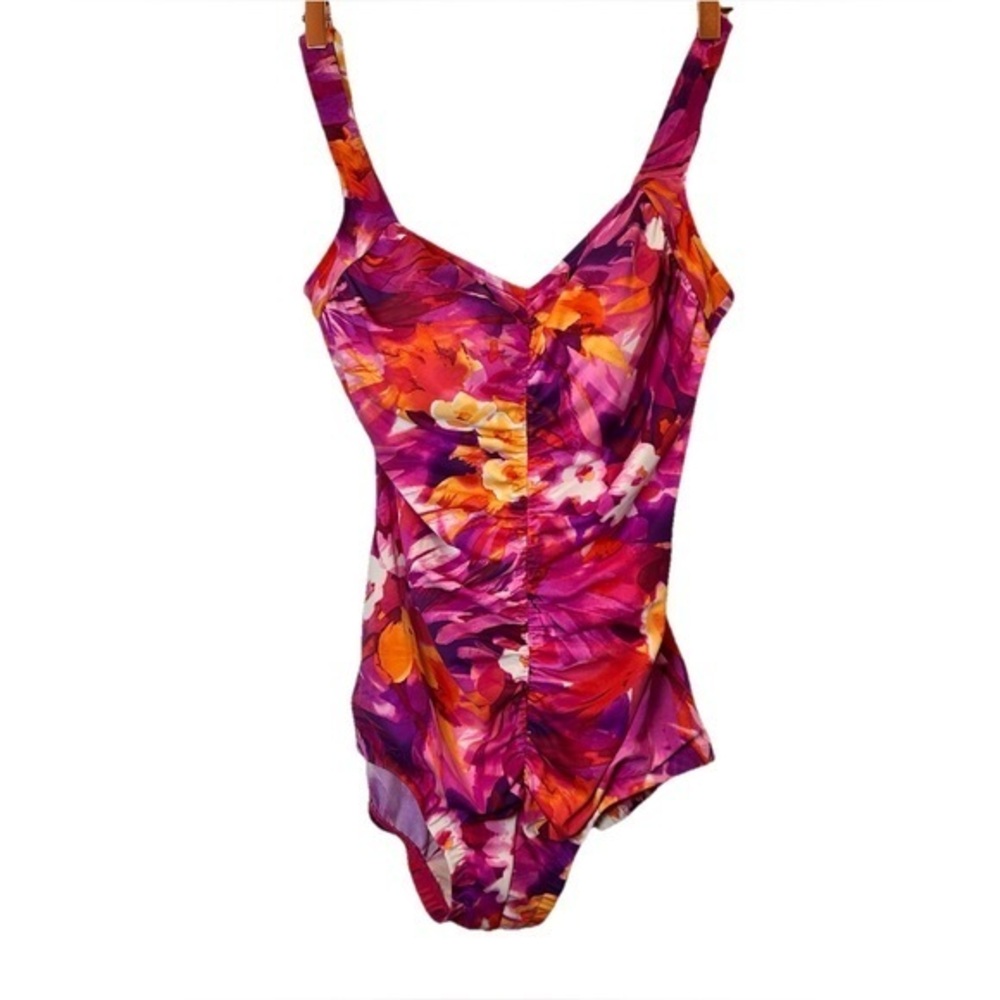 Rose Marie Reid Red Floral Ruched Swimsuit XS/S with Built-In Bra